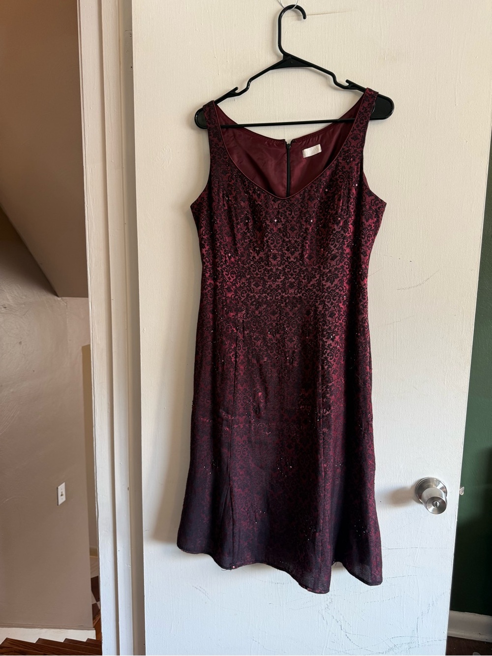 Dark red and black filigree beaded detail v neck below the knee dress